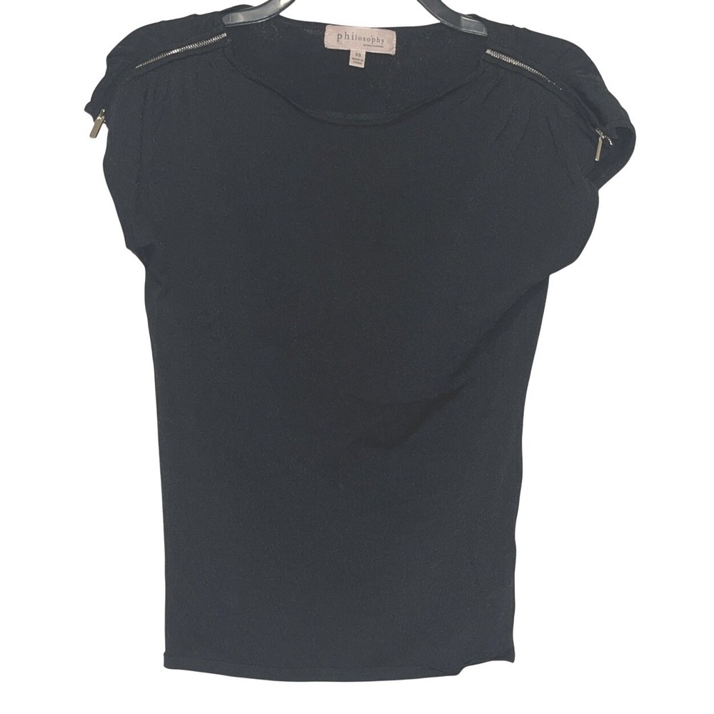 Women's Philosophy Dressy Black Short Sleeve Blouse Gold Zipper Accents XS‎ NWOT